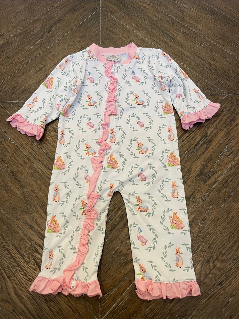 Sew Magnolia Pink Ruffle Trim Peter Rabbit Print Sleeper One-Piece
